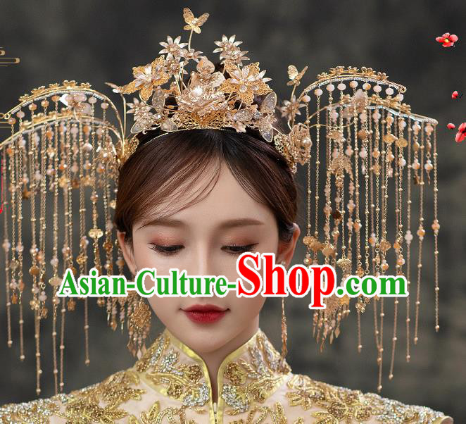 Chinese Bride Tassel Phoenix Coronet Traditional Wedding Hair Accessories Classical Xiuhe Suit Golden Flowers Hair Crown
