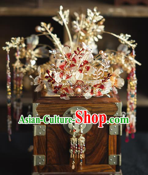 Chinese Traditional Wedding Hair Accessories Classical Xiuhe Suit Hair Crown Bride Tassel Hairpins