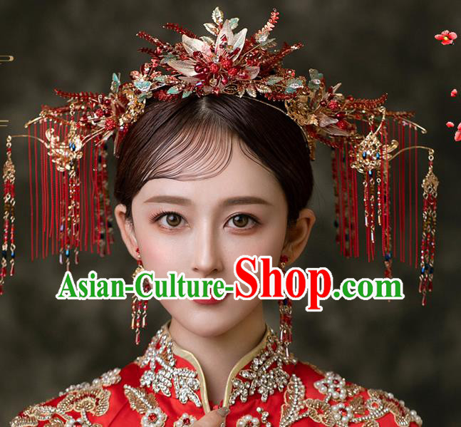 Chinese Bride Flower Phoenix Coronet Traditional Wedding Hair Accessories Classical Xiuhe Suit Red Tassel Hair Crown