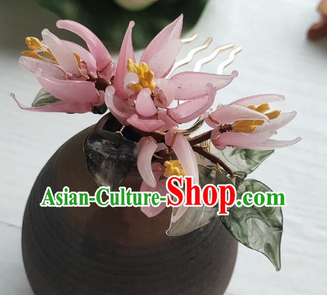 Chinese Ancient Princess Pink Lily Flowers Hairpin Hanfu Hair Accessories Traditional Ming Dynasty Hair Comb