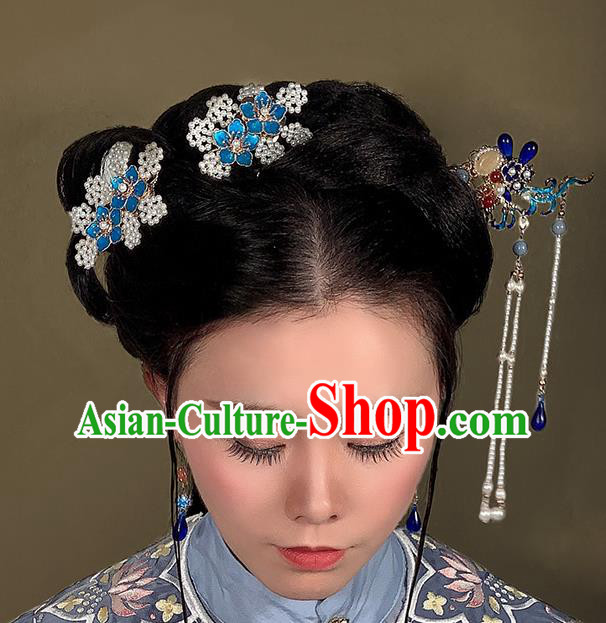 Chinese Traditional Hanfu Pearls Tassel Hairpin Hair Accessories Handmade Ancient Princess Cloisonne Hair Stick