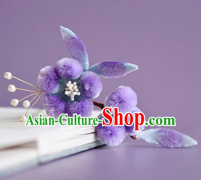 Chinese Handmade Purple Velvet Plum Blossom Hair Stick Traditional Hanfu Hairpin Headwear