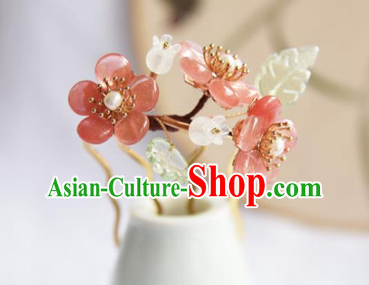 Chinese Ancient Young Beauty Hairpin Traditional Ming Dynasty Pink Plum Blossom Hair Stick
