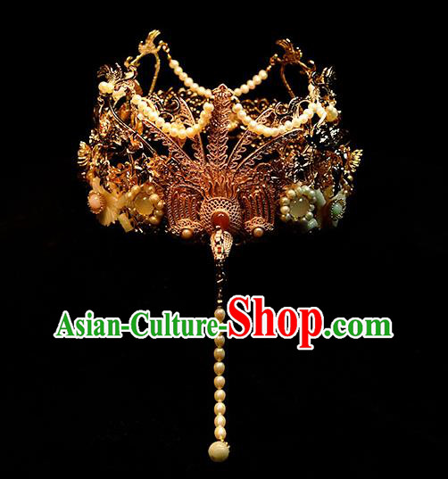 Chinese Ancient Empress Tassel Phoenix Coronet Traditional Ming Dynasty Queen Golden Phoenix Hair Crown