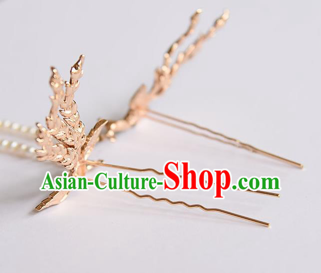 Chinese Ancient Hanfu Pearls Tassel Hairpin Traditional Ming Dynasty Princess Golden Phoenix Hair Stick