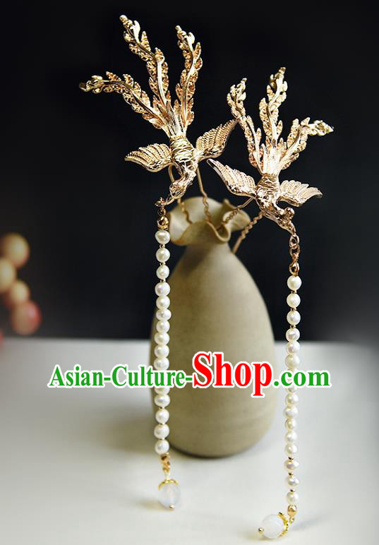 Chinese Ancient Hanfu Pearls Tassel Hairpin Traditional Ming Dynasty Princess Golden Phoenix Hair Stick