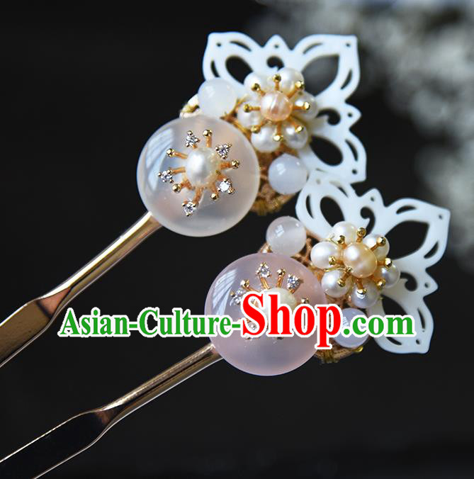Chinese Traditional Ming Dynasty Shell Lotus Hair Stick Ancient Princess Pearls Hairpin