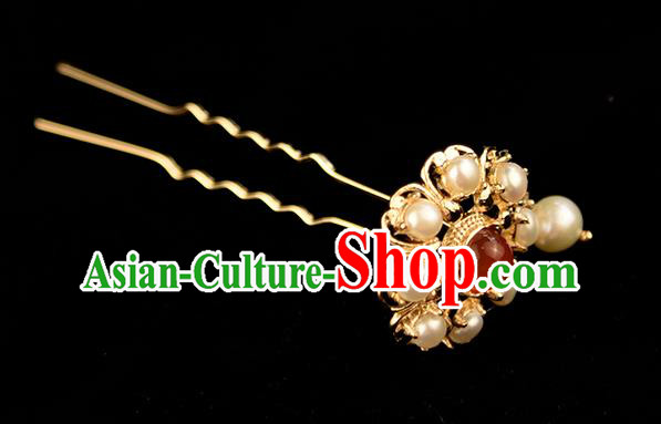 Chinese Handmade Ancient Court Woman Pearls Hairpin Traditional Ming Dynasty Empress Hair Stick