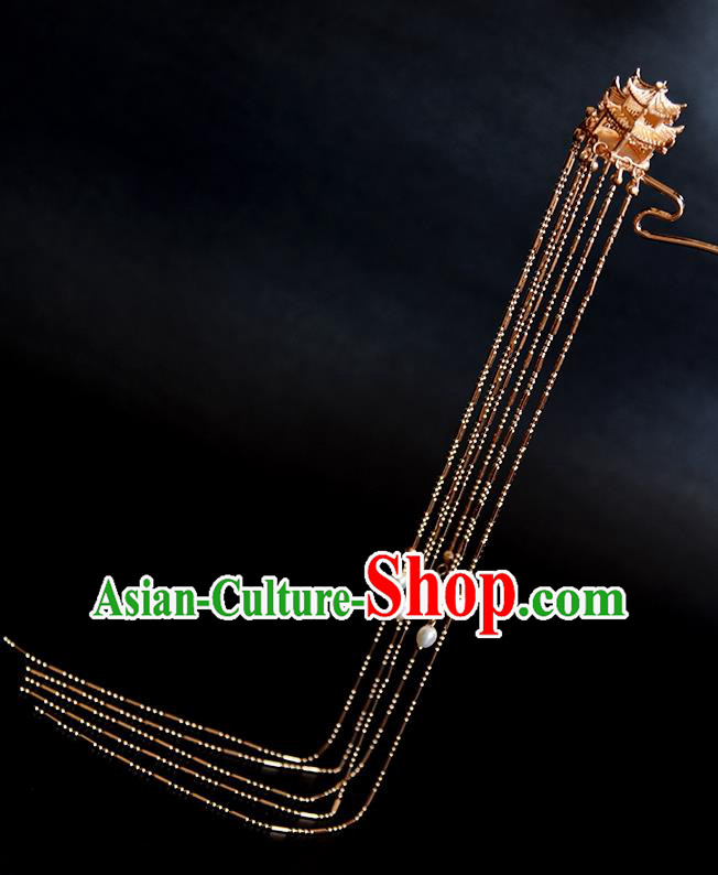 Chinese Traditional Ming Dynasty Empress Golden Palace Hair Stick Ancient Queen Long Tassel Hairpin