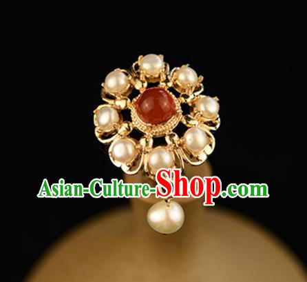 Chinese Handmade Ancient Court Woman Pearls Hairpin Traditional Ming Dynasty Empress Hair Stick