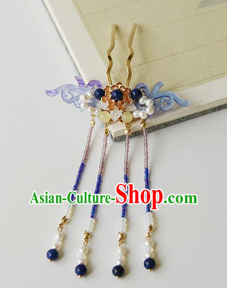 Chinese Traditional Hanfu Purple Shell Hair Comb Ancient Fairy Princess Beads Tassel Hairpin