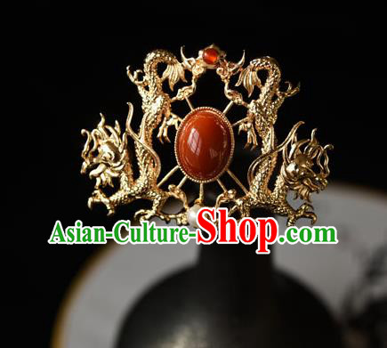 Chinese Traditional Ming Dynasty Golden Dragons Hair Crown Ancient Court Empress Hairpin