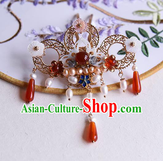 Chinese Traditional Wedding Pearls Hair Stick Ancient Court Princess Shell Lotus Hairpin