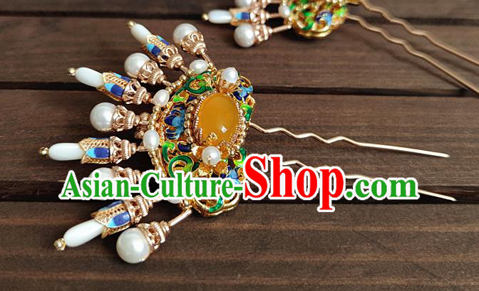 Chinese Traditional Ming Dynasty Princess Pearls Hair Stick Ancient Palace Lady Cloisonne Jade Hairpin