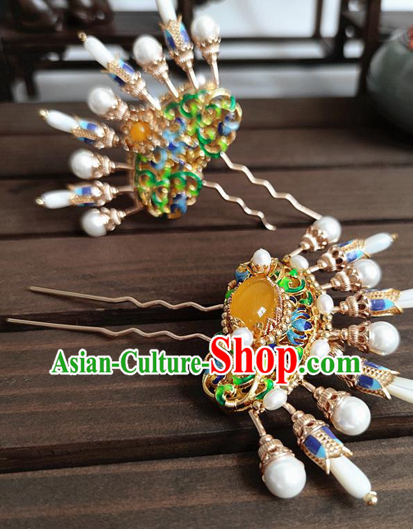 Chinese Traditional Ming Dynasty Princess Pearls Hair Stick Ancient Palace Lady Cloisonne Jade Hairpin