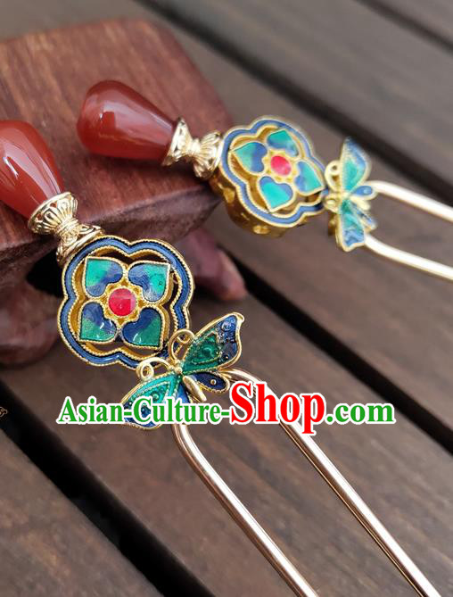 Chinese Traditional Hanfu Agate Hair Stick Ancient Palace Princess Cloisonne Butterfly Hairpin