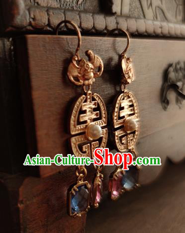 China Handmade Ancient Empress Golden Bat Earrings Jewelry Traditional Ming Dynasty Queen Ear Accessories