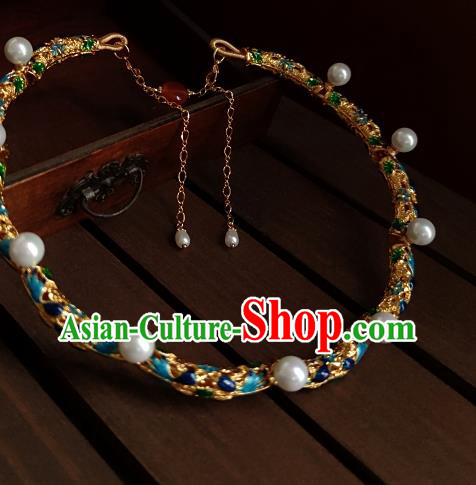 China Classical Ancient Court Woman Pearls Necklace Traditional Ming Dynasty Cloisonne Necklet Accessories