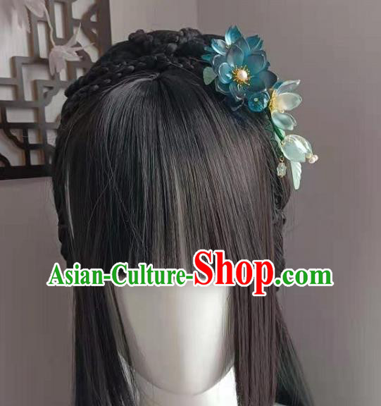 Chinese Ancient Palace Lady Hairpin Traditional Ming Dynasty Princess Blue Lotus Hair Comb