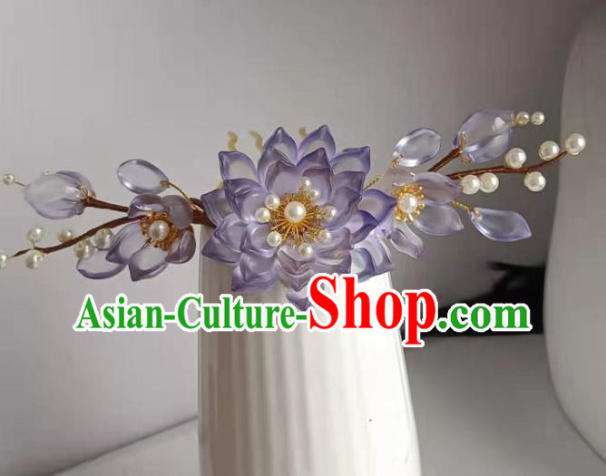Chinese Ancient Court Woman Pearls Hair Comb Traditional Ming Dynasty Princess Purple Lotus Hair Crown