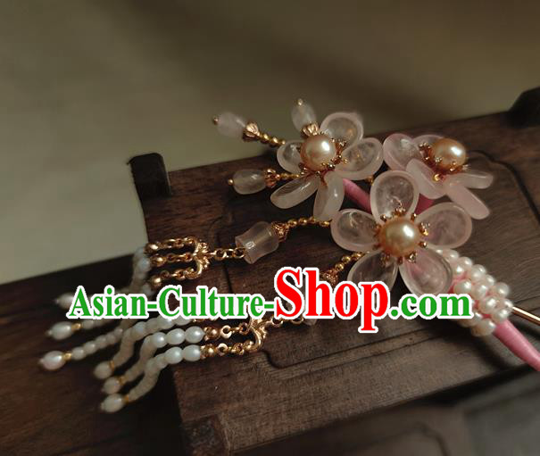 Chinese Traditional Ming Dynasty Rose Quartz Plum Blossom Hair Stick Ancient Princess Beads Tassel Hairpin