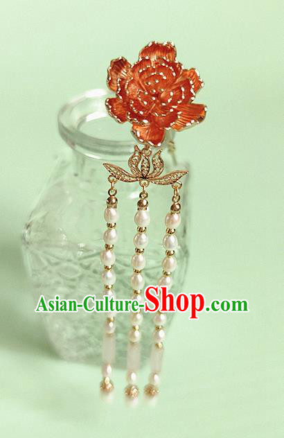 Chinese Traditional Tang Dynasty Pearls Tassel Hair Stick Ancient Empress Golden Peony Hairpin