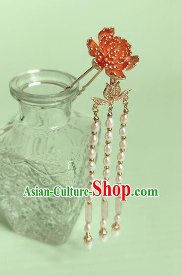 Chinese Traditional Tang Dynasty Pearls Tassel Hair Stick Ancient Empress Golden Peony Hairpin