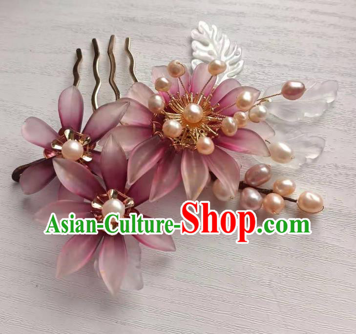 Chinese Ancient Princess Purple Chrysanthemum Hairpin Traditional Ming Dynasty Hanfu Pearls Hair Comb