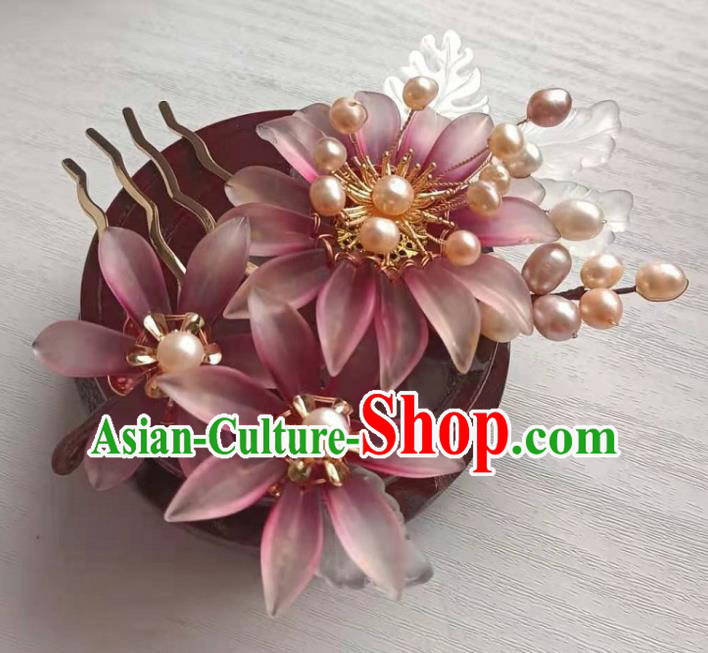 Chinese Ancient Princess Purple Chrysanthemum Hairpin Traditional Ming Dynasty Hanfu Pearls Hair Comb