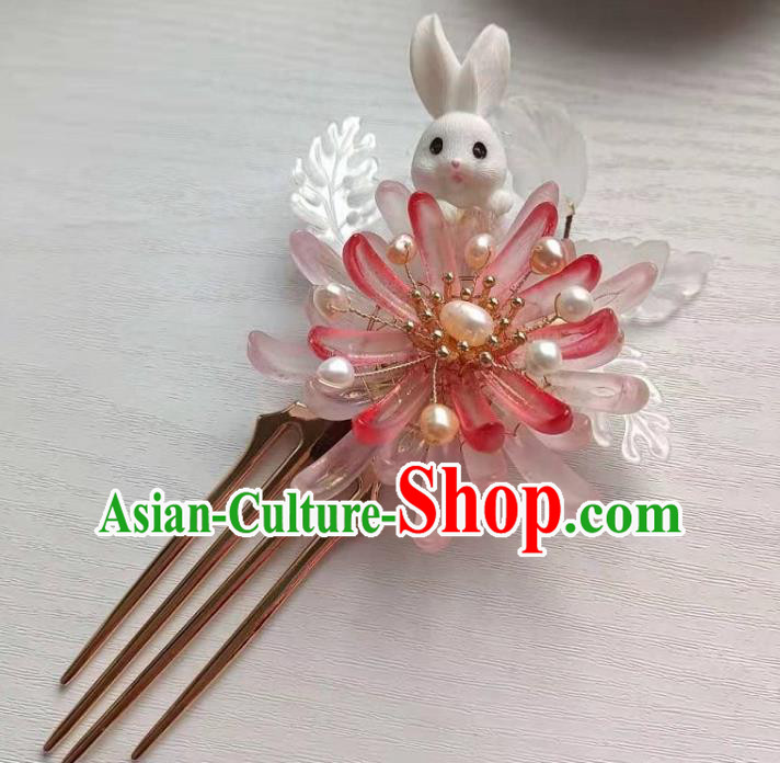Chinese Ancient Princess Pink Chrysanthemum Hairpin Traditional Ming Dynasty Hanfu Pearls Hair Comb