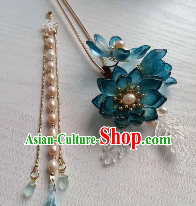 Chinese Ancient Palace Lady Blue Lotus Hairpin Traditional Ming Dynasty Hanfu Pearls Tassel Hair Stick