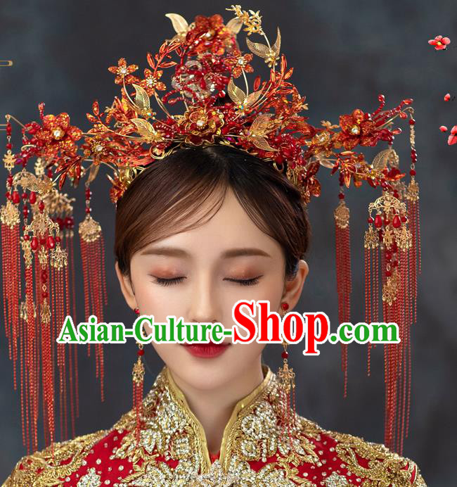 Chinese Traditional Wedding Headdress Xiuhe Suit Bride Hair Crown Classical Luxury Red Tassel Phoenix Coronet