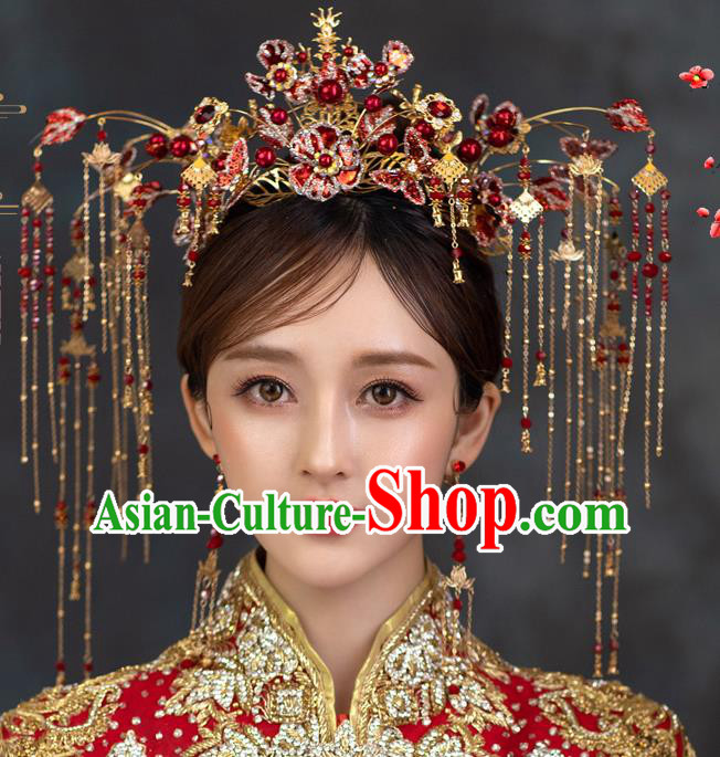 Chinese Xiuhe Suit Bride Hair Crown Classical Red Flowers Phoenix Coronet Traditional Wedding Headdress
