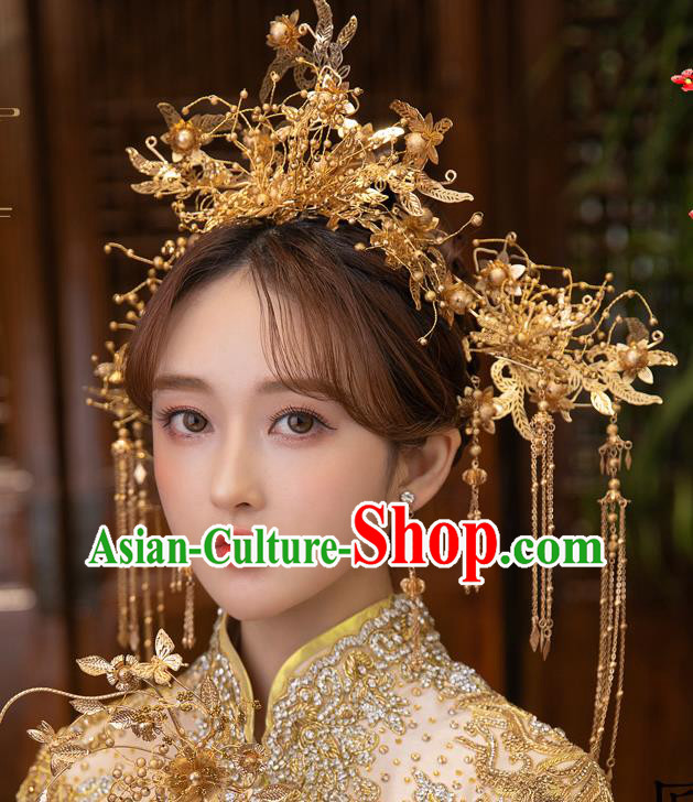 Chinese Classical Golden Leaf Phoenix Coronet Traditional Wedding Headdress Xiuhe Suit Bride Hair Crown