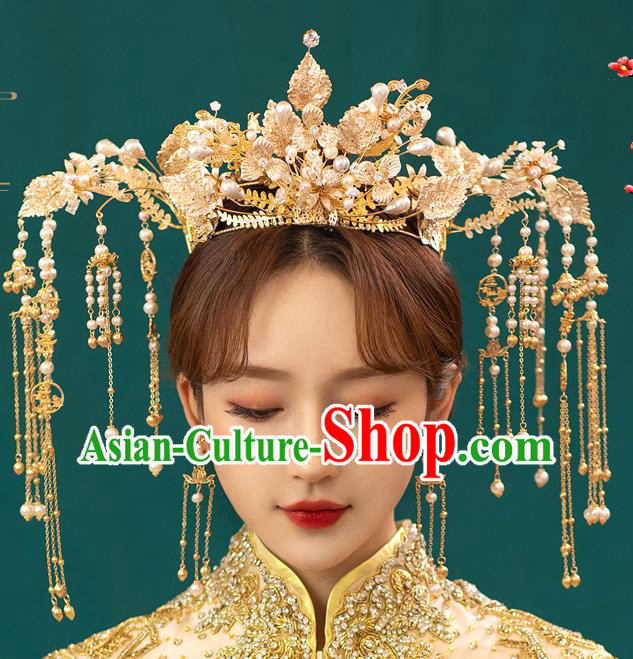 Chinese Classical Bride Tassel Phoenix Coronet Traditional Wedding Headwear Xiuhe Suit Golden Leaf Hair Crown