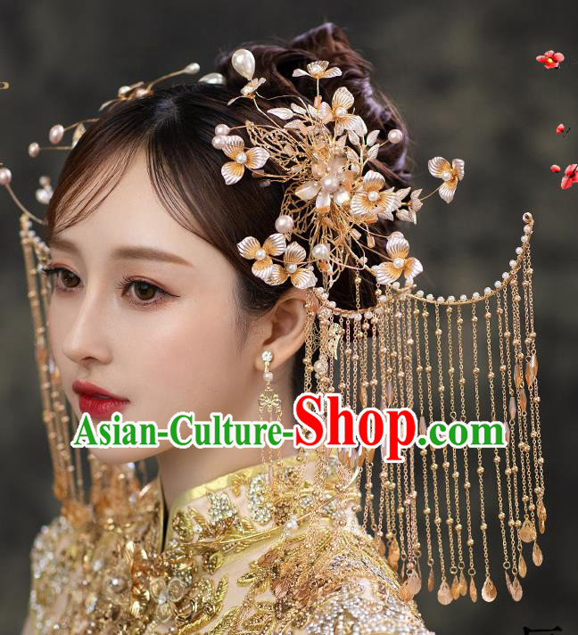 Chinese Classical Bride Tassel Hair Sticks Traditional Wedding Headwear Xiuhe Suit Golden Flowers Hairpins