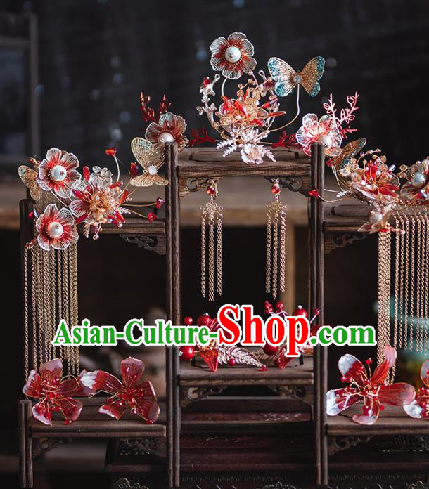 Chinese Classical Bride Flowers Hairpins Traditional Wedding Headwear Xiuhe Suit Blue Butterfly Hair Crown
