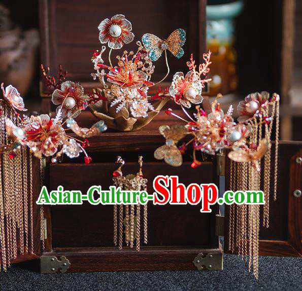 Chinese Classical Bride Flowers Hairpins Traditional Wedding Headwear Xiuhe Suit Blue Butterfly Hair Crown