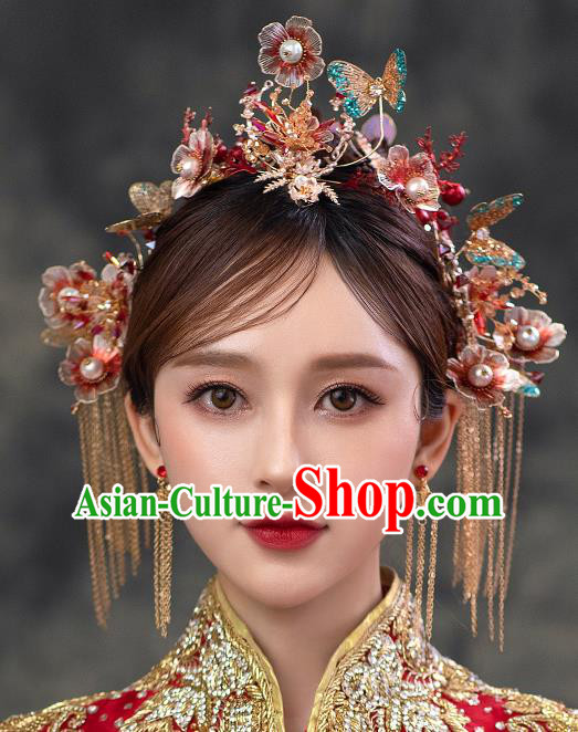 Chinese Classical Bride Flowers Hairpins Traditional Wedding Headwear Xiuhe Suit Blue Butterfly Hair Crown