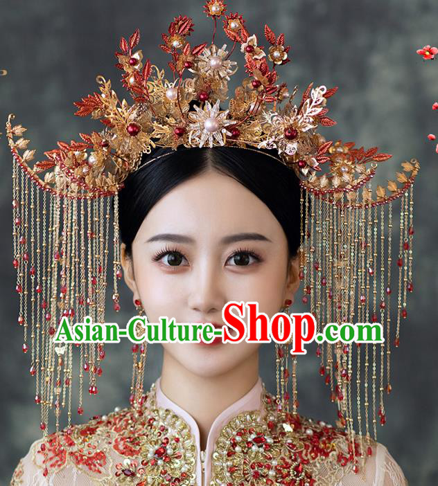 Chinese Classical Bride Tassel Hair Crown Traditional Wedding Hair Accessories Xiuhe Suit Phoenix Coronet