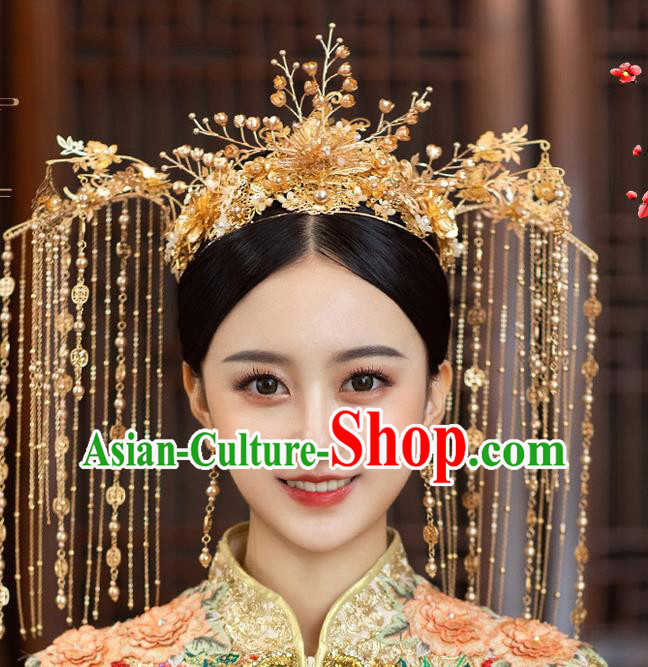 Chinese Classical Bride Luxury Tassel Phoenix Coronet Traditional Wedding Hair Accessories Xiuhe Suit Golden Hair Crown