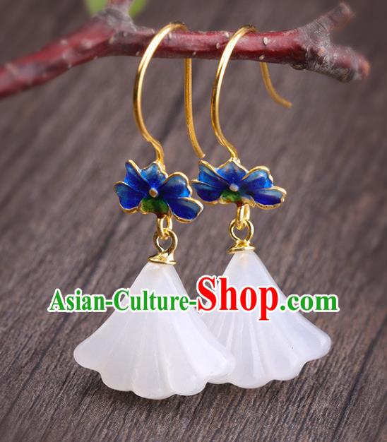 China Handmade Cheongsam Jade Ginkgo Leaf Earrings Traditional Blueing Lotus Ear Accessories