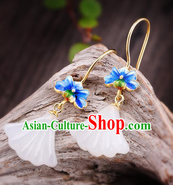 China Handmade Cheongsam Jade Ginkgo Leaf Earrings Traditional Blueing Lotus Ear Accessories