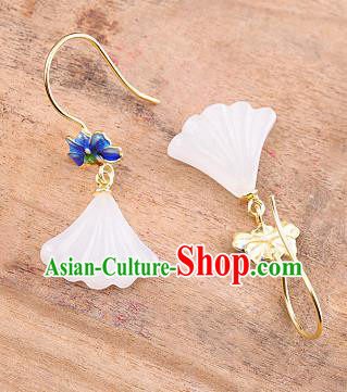 China Handmade Cheongsam Jade Ginkgo Leaf Earrings Traditional Blueing Lotus Ear Accessories