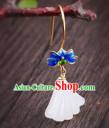 China Handmade Cheongsam Jade Ginkgo Leaf Earrings Traditional Blueing Lotus Ear Accessories