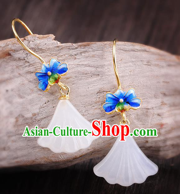 China Handmade Cheongsam Jade Ginkgo Leaf Earrings Traditional Blueing Lotus Ear Accessories