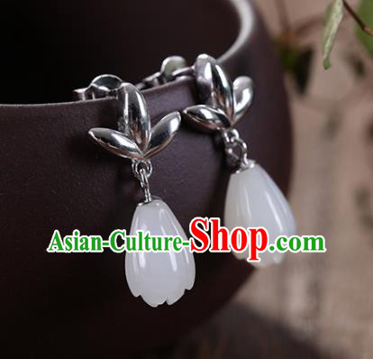 China Handmade Silver Earrings Traditional Cheongsam Jade Mangnolia Ear Accessories