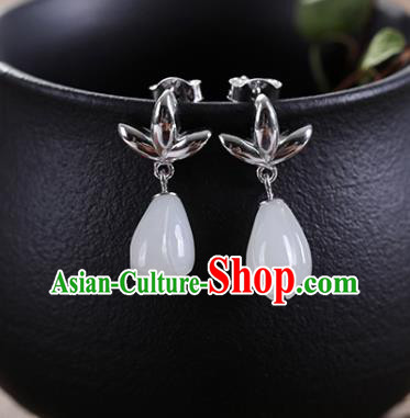 China Handmade Silver Earrings Traditional Cheongsam Jade Mangnolia Ear Accessories