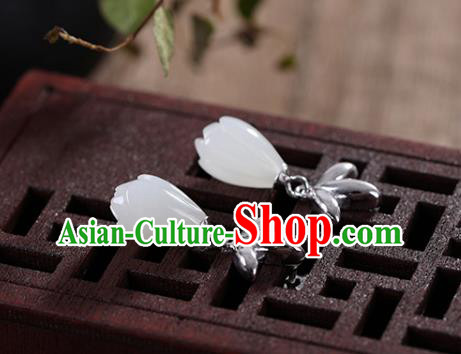 China Handmade Silver Earrings Traditional Cheongsam Jade Mangnolia Ear Accessories