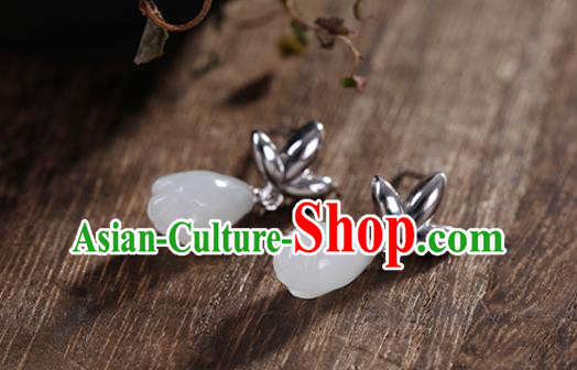 China Handmade Silver Earrings Traditional Cheongsam Jade Mangnolia Ear Accessories